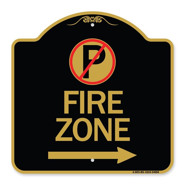 No Parkingand Right Arrow, Black & Gold Aluminum Architectural Sign, 18" x 18", BG-1818-24654